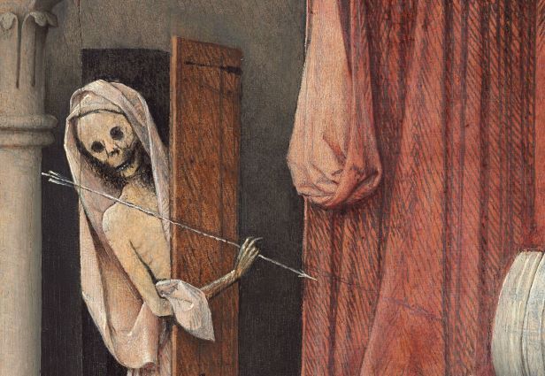 The figure of death, naked and emaciated with a cloth on his head, leans in thro door, holding an arrow in one hand.